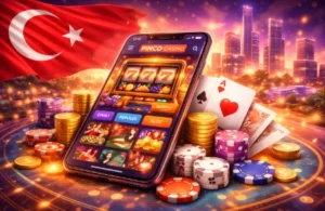 Türkiye’de online casinoların gelişimini temsil eden görsel, dijital casino platformları, mobil oyun deneyimi ve modern online eğlence ortamını yansıtan ilustrasyon